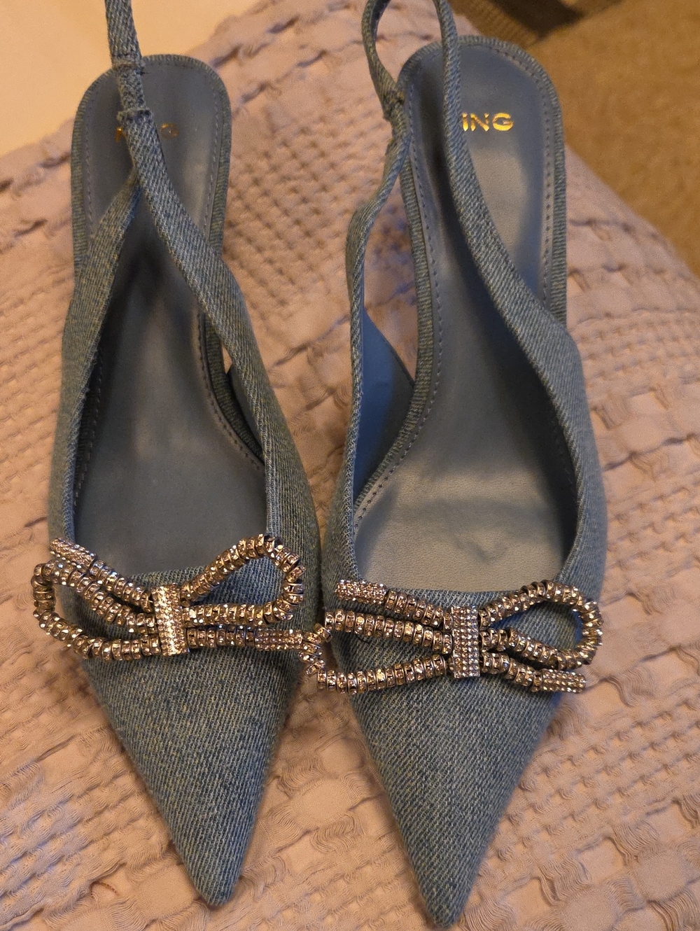 Embellished Denim Pointed Toe Slingback Heels - Size 39